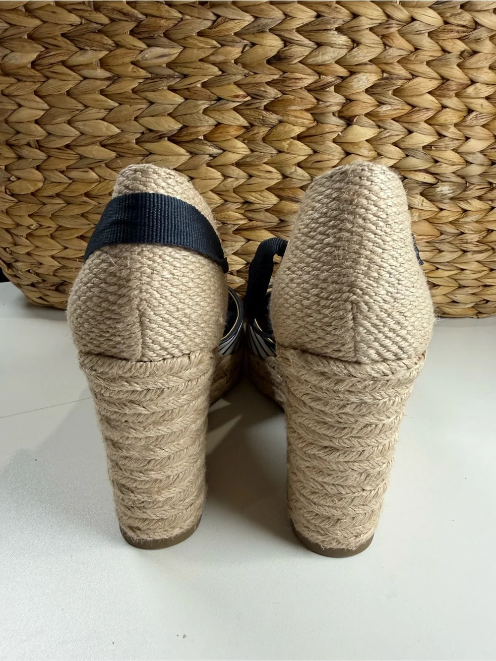 Striped Navy and White Espadrille Wedge Sandals - Women